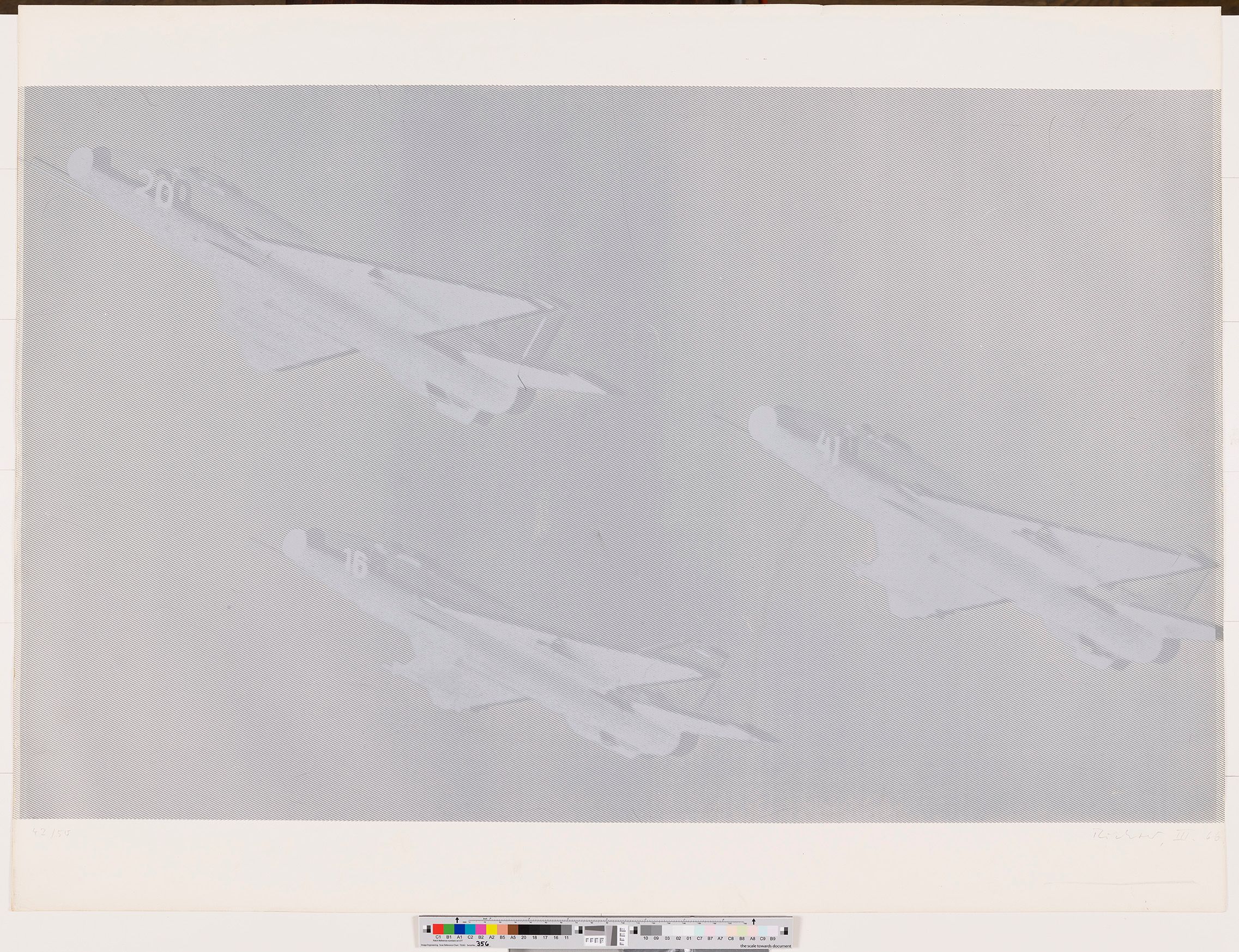 Serigraphie. Drei weiße Militärflugzeuge auf weißem Hintergrund.