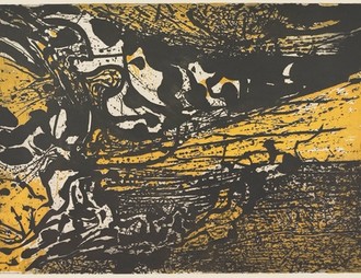 Abstrakte Komposition mit schwarzen Farbklecksen durch die sich breite Bahnen aus hellem Ocker ziehen.