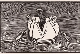 Der Fährmann Charon steuert mit zwei Rudern ein Boot in dem sechs in Tücher gehüllte Personen sitzen, deren Gesichter teils wie Totenschädel wirken.