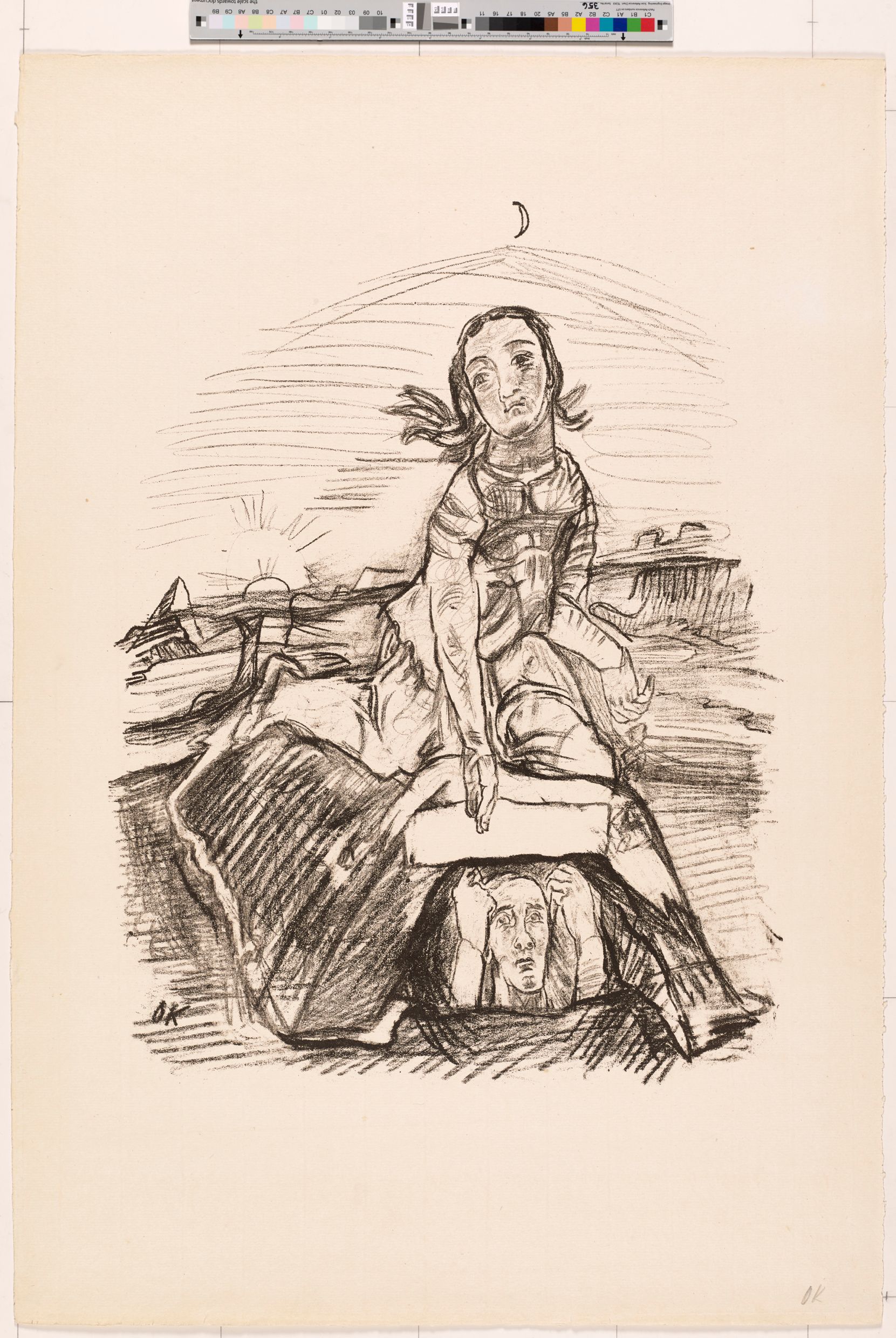 Zeichnung. Mann versteckt sich in einem Zelt. Frau sitzt über dem Zelt (Schwarz-Weiß).