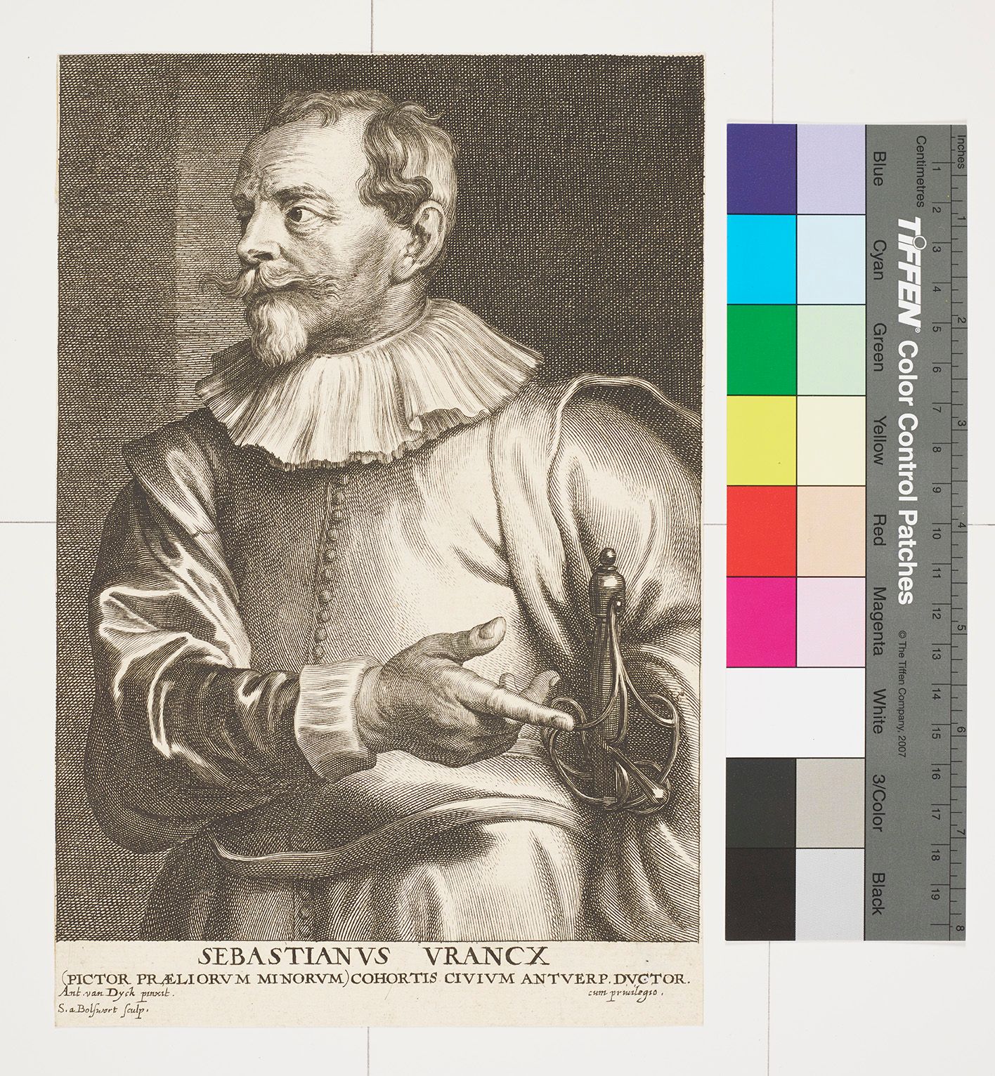 Adelsportrait von Sebastianus Franck in einem Hemd mit gepolsterten Schultern und einem runden Faltenkragen. Er hält einen Schwertknauf unter dem Arm. 