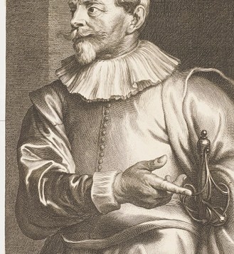 Adelsportrait von Sebastianus Franck in einem Hemd mit gepolsterten Schultern und einem runden Faltenkragen. Er hält einen Schwertknauf unter dem Arm.
