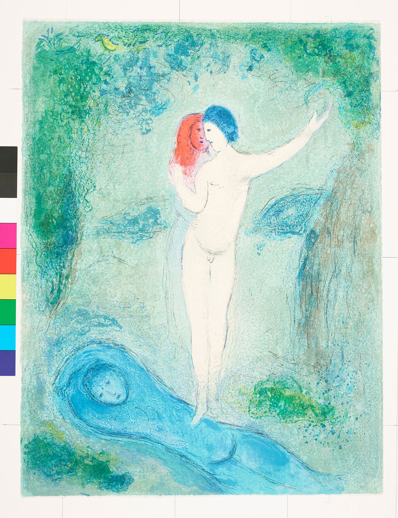 Abstraktes Bildmotiv. Zwei nackte Personen stehen auf einer weiteren liegenden Person. Um sie herum sind Bäume und Blätter. 