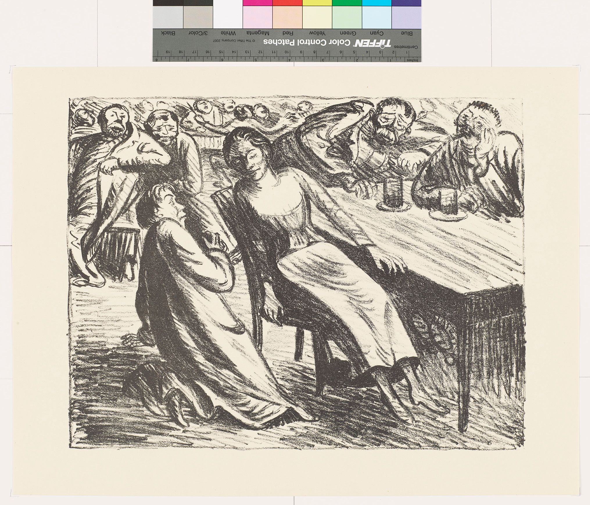 Skizze. Ein kniender Mann und eine sitzende Frau in einer Kneipe. Alle Männer gucken sie an.