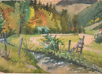 Gebirgslandschaft mit einem Fluss, dass in den Wald mit Bäumen führt. Im Hintergrund sind Berge und Hügel.