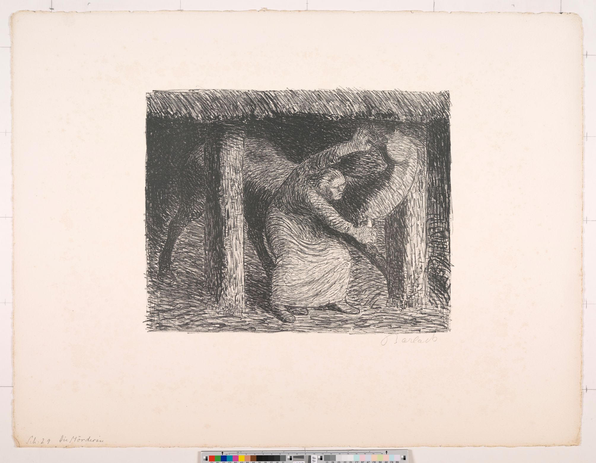 Zeichnung. Eine Frau, die ein Pferd mit einem Messer ersticht. 