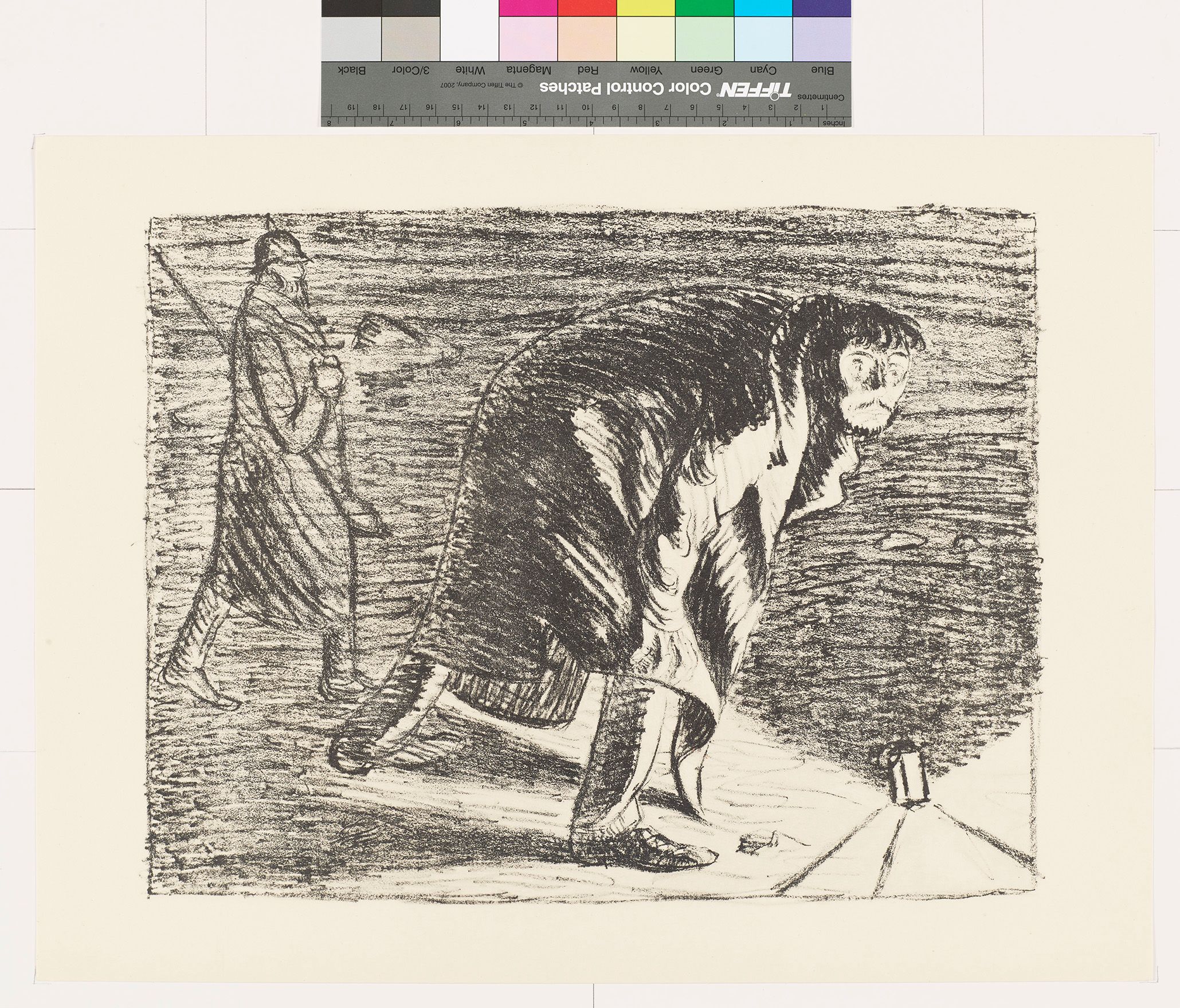 Skizze. Ein gebeugter Mann im Mantel und ein Soldat mit einem Gewehr. Rechts unten ist eine Kerzenlampe.