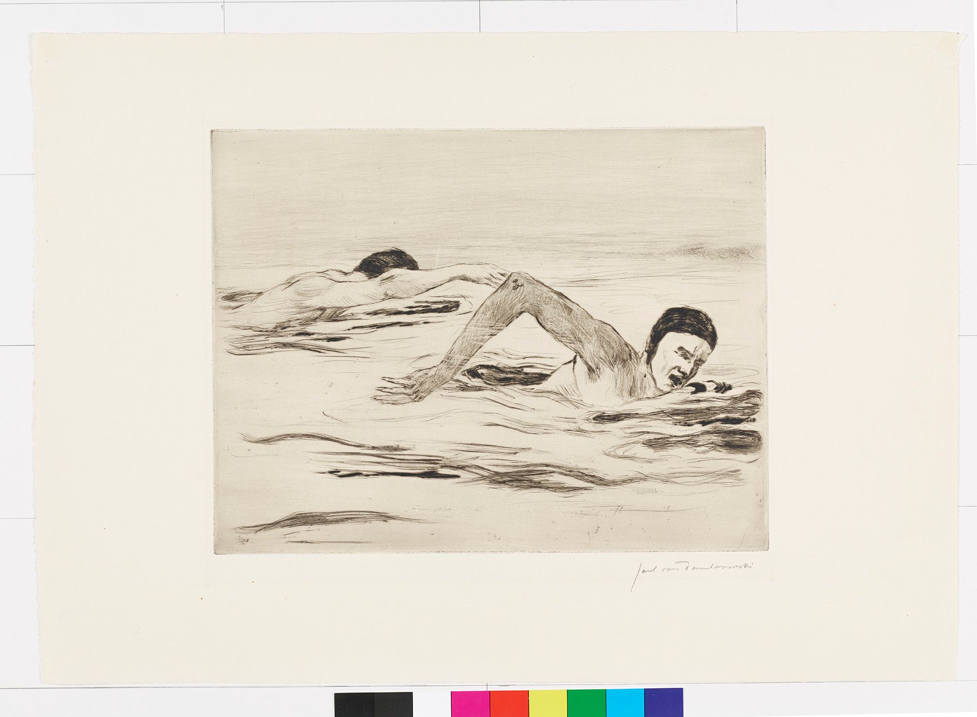 Zeichnung von zwei Männern beim Schwimmen.