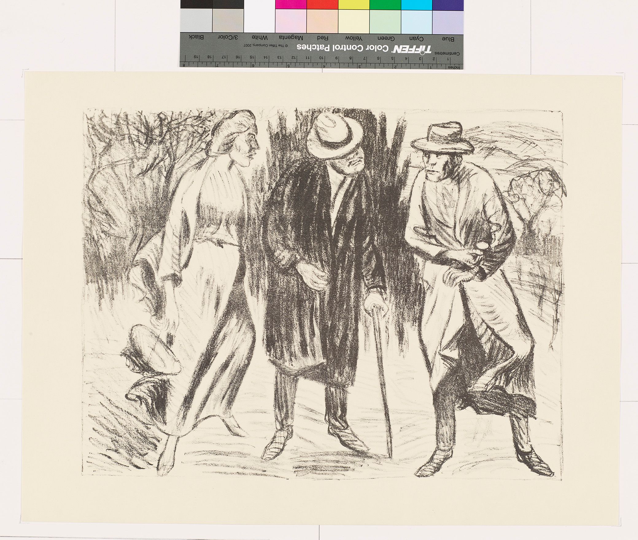 Zeichnung von drei stehenden Personen. Links steht eine Frau im Arm von einem Mann mit einem Gehstock. Rechts steht ein anderer Mann mit Mantel und Hut.