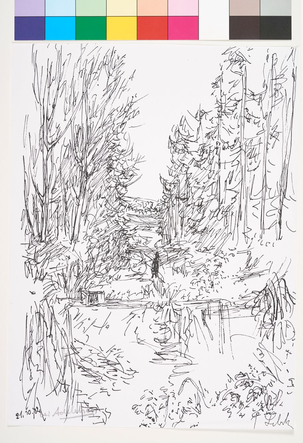 Schnelle Skizze eine Furt in einem Wald.