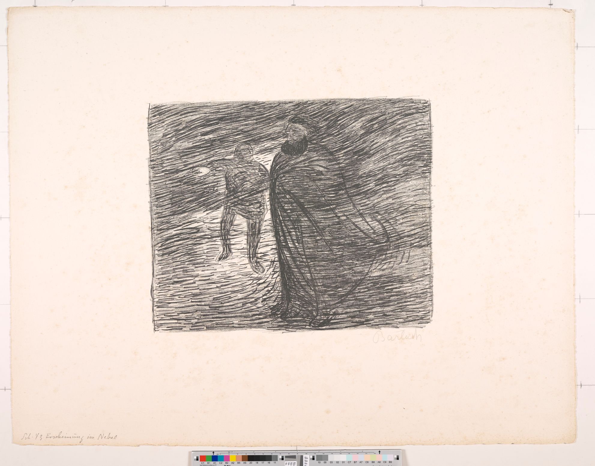 Zeichnung. Zwei stehende Personen, übermalt mit kurzen, waagerechten Strichen.