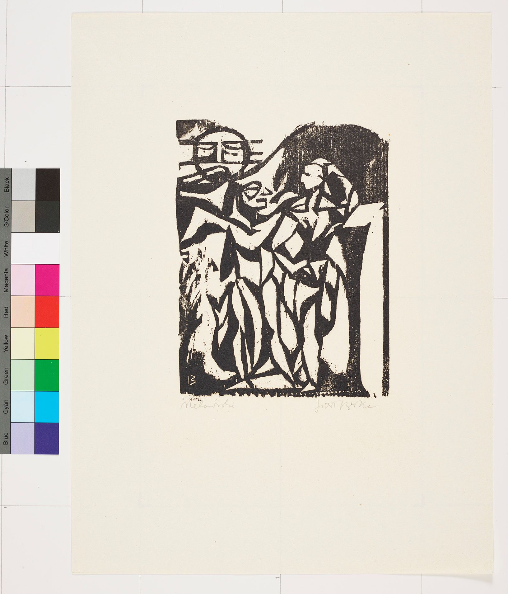 Abstraktes Bildmotiv von zwei Figuren im Gespräch und einer sitzenden Frau.