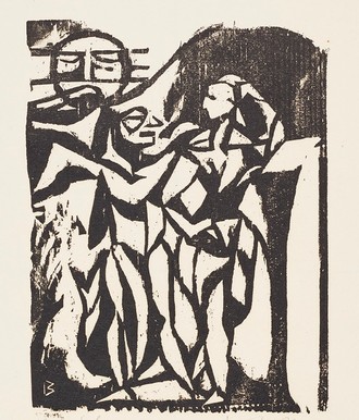 Abstraktes Bildmotiv von zwei Figuren im Gespräch und einer sitzenden Frau.