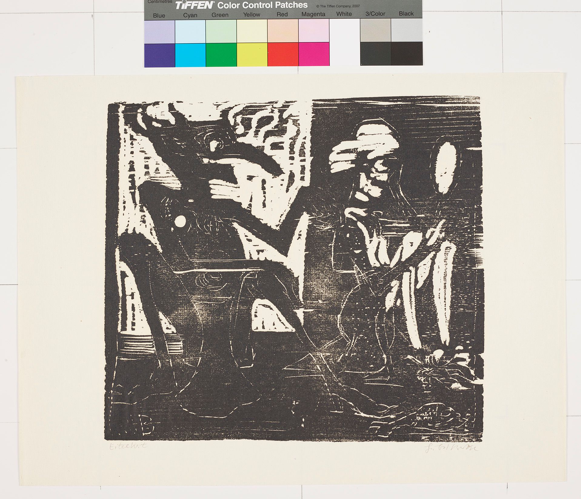 Abstraktes Bildmotiv von zwei sitzenden Figuren. Die rechte Figur hält einen Spiegel in der Hand.