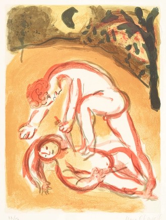 Abstraktes Bildmotiv einer nächtlichen Szene. Am Boden liegt ein Mann. Über ihm sticht ein anderer Mann mit einem spitzen Gegenstand in seine Brust. Im Hintergrund sind Bäume.
