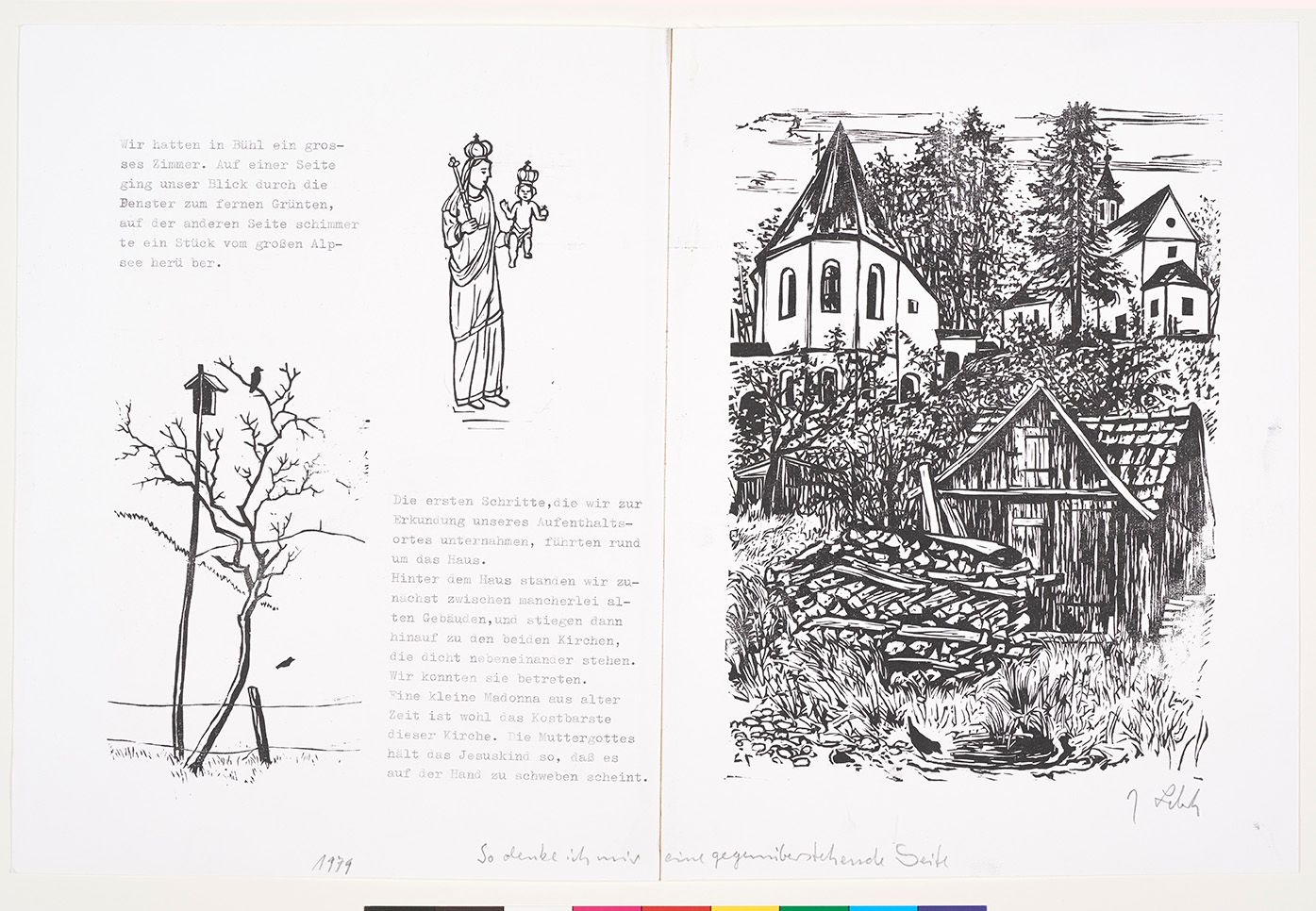 Zwei Entwurfsseiten aus einem Buch. Die linke Seite mit Text und Zeichnungen von einem dürren kahlen Baum nebst einem Vogelhäuschen an einem Mast und einer zeichnung von Maria mit dem Jesuskind; beide bekrönt. Die rechte Seite zeigt im Vordergrund eine Hütte mit Holzstapel an einem Teichufer und dahinter zwei Kapellen an einem Wiesenhang.