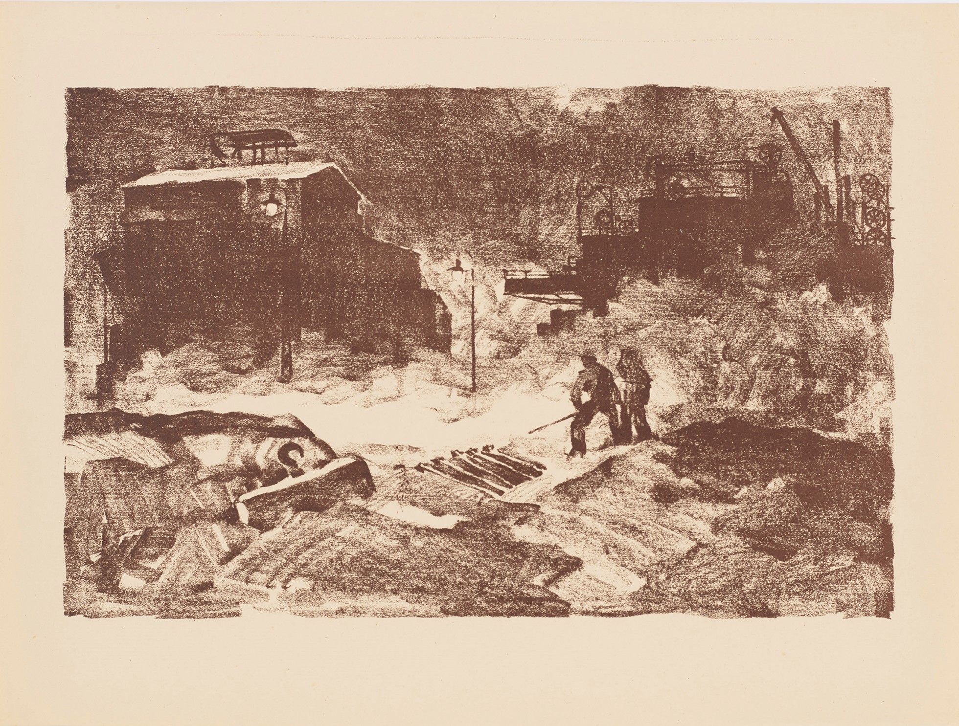 Stadtzeichnung mit Industriegebäuden im Hintergrund. Rechts sind zwei Personen von Hinten. 