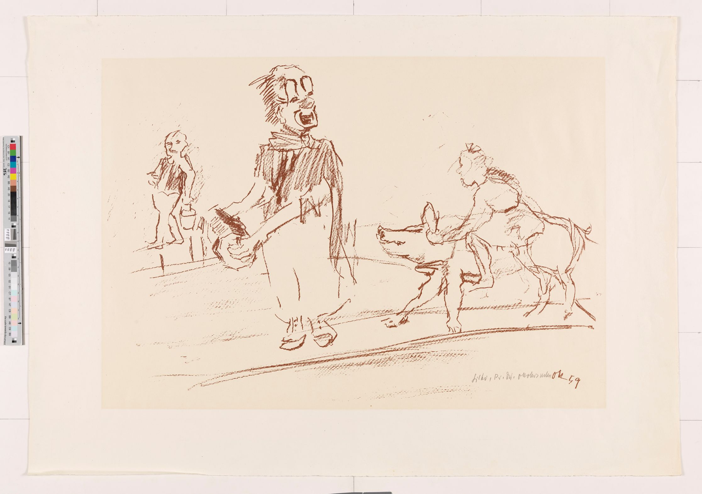 Skizze. Clown mit Ziehharmonika, Kind auf einem Hund und Mann mit einem Eimer. 