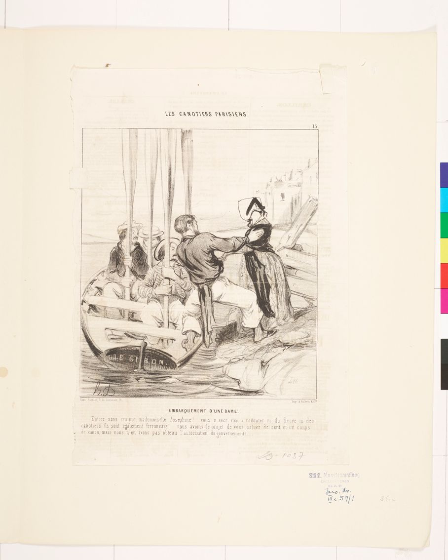 Zeichnung. Ein Mann hilft einer Frau in das Boot, mit Ruderern zu steigen.