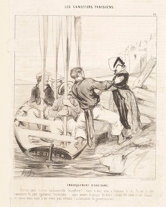 Zeichnung. Ein Mann hilft einer Frau in das Boot, mit Ruderern zu steigen.