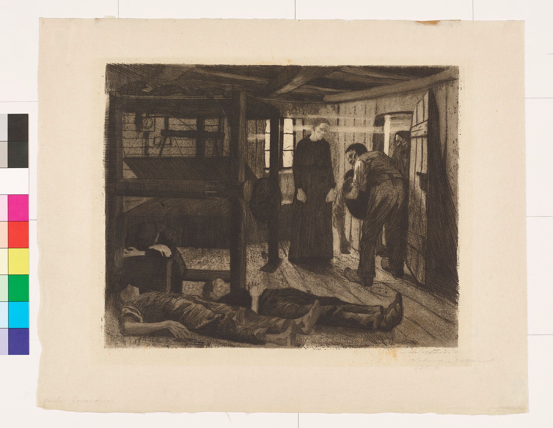 Zentral im Bild steht eine Frau in einem bodenlangen schwarzen Kleid, die mit traurigem Blick verfolgt, wie zwei Männer den Körper eines weitern, dessen Arm schlaff herunter hängt, in einen Raum mit einem Webstuhl tragen. Vorne links im Bild liegen zwei hingestreckte Männer, dem einen sind die Hände über der Brust gefaltet. Vor dem Webstuhl kauert die Gestalt einer weiteren Frau, der Kopf hinter den verschränkten, auf einen Holzblock gestützten Armen verborgen.