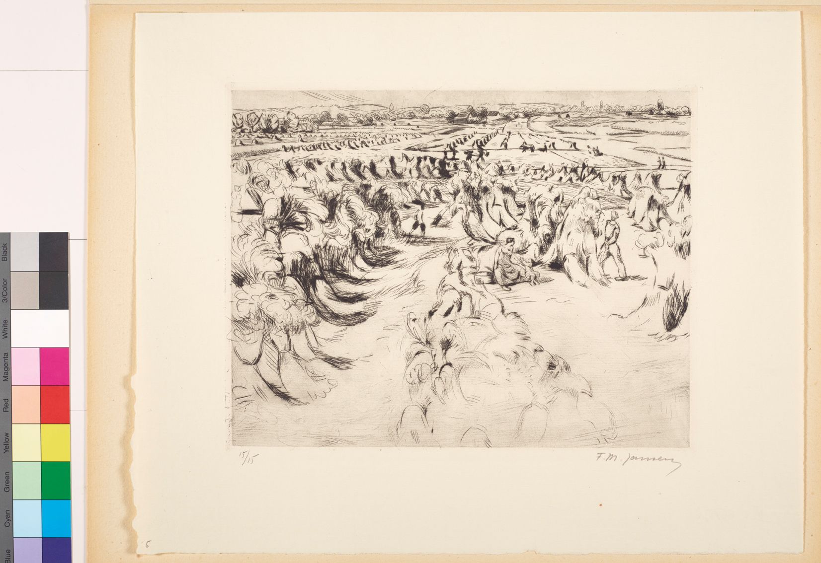 Zeichnung. Eine Landschaft mit Bäumen und Gebüschen und Bauern und Bäuerinnen.