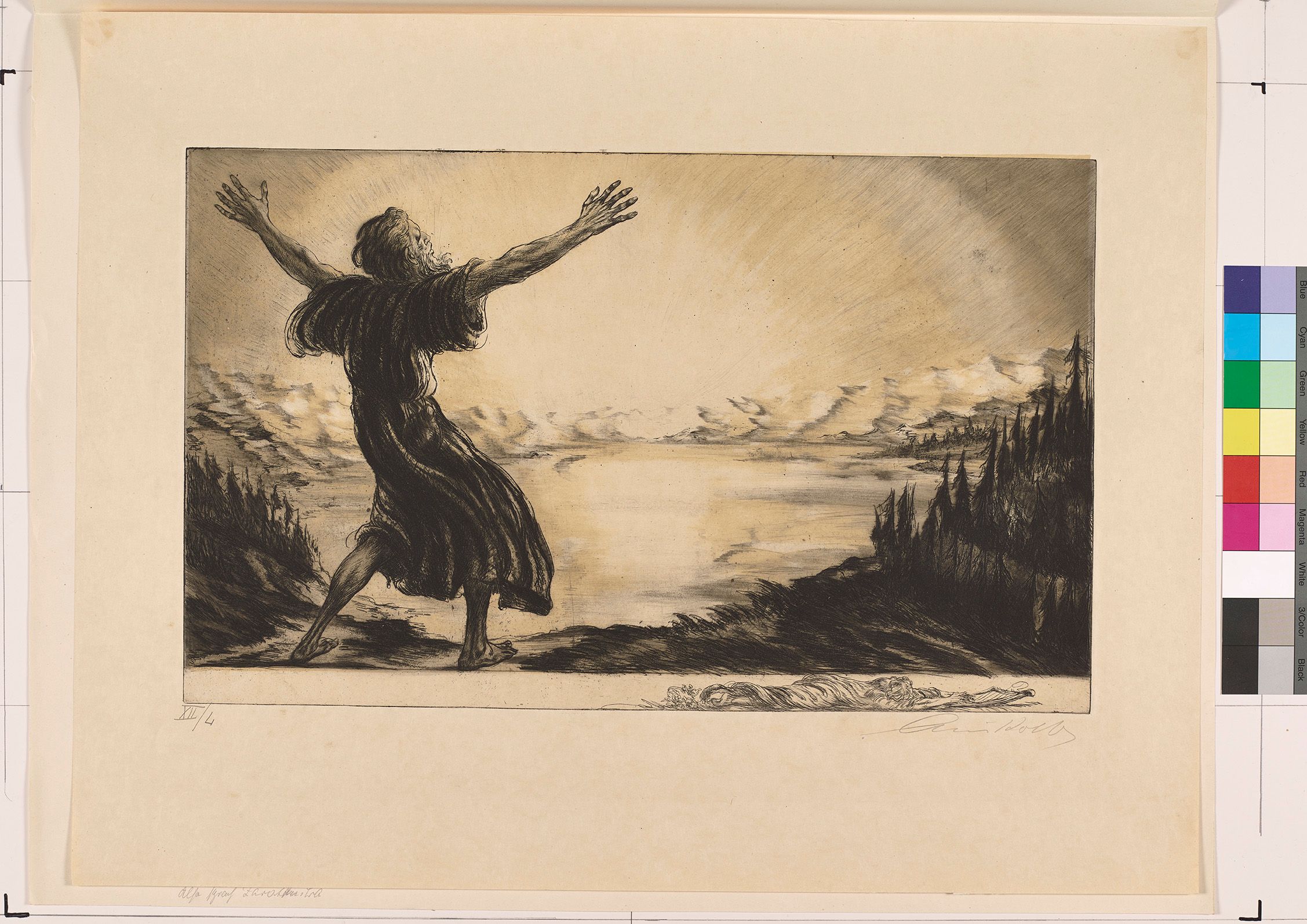 Der in ein gestreiftes Gewand gekleidete Zarathustra reckt die Arme vor derSzene eines von niedrigen Bergketten und Waldsäumen umgebenen Sees hinter dem ein ein heller Lichtkranz alle Bereiche des Bildes dramatisch erleuchtet 