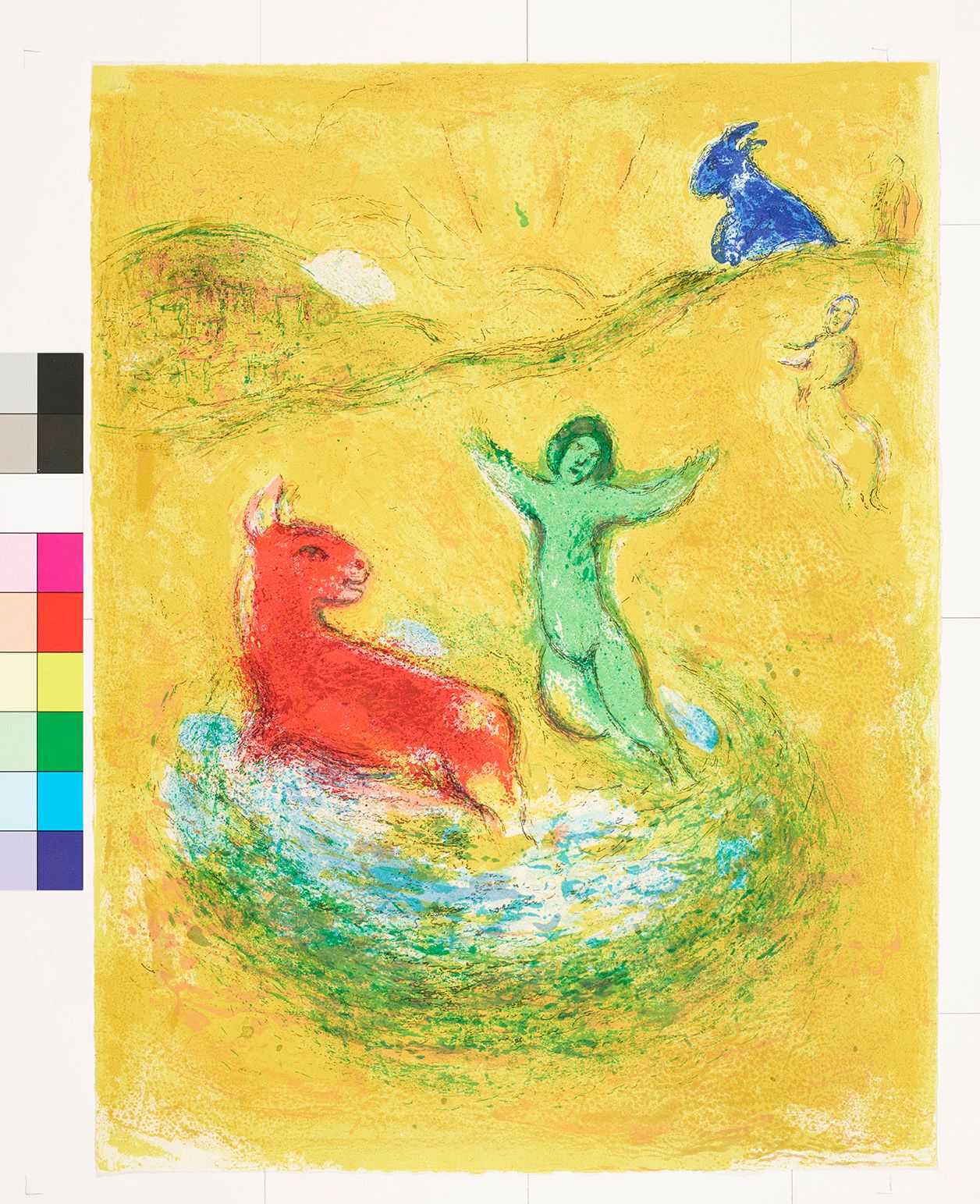 Abstraktes Bildmotiv. Eine nackte Peron tanzt mit einem Tier auf einem Feld. Im Hintergrund ist ein weiteres Tier (in blau) und eine weitere Figur. Eine Szene beim Sonnenaufgang.