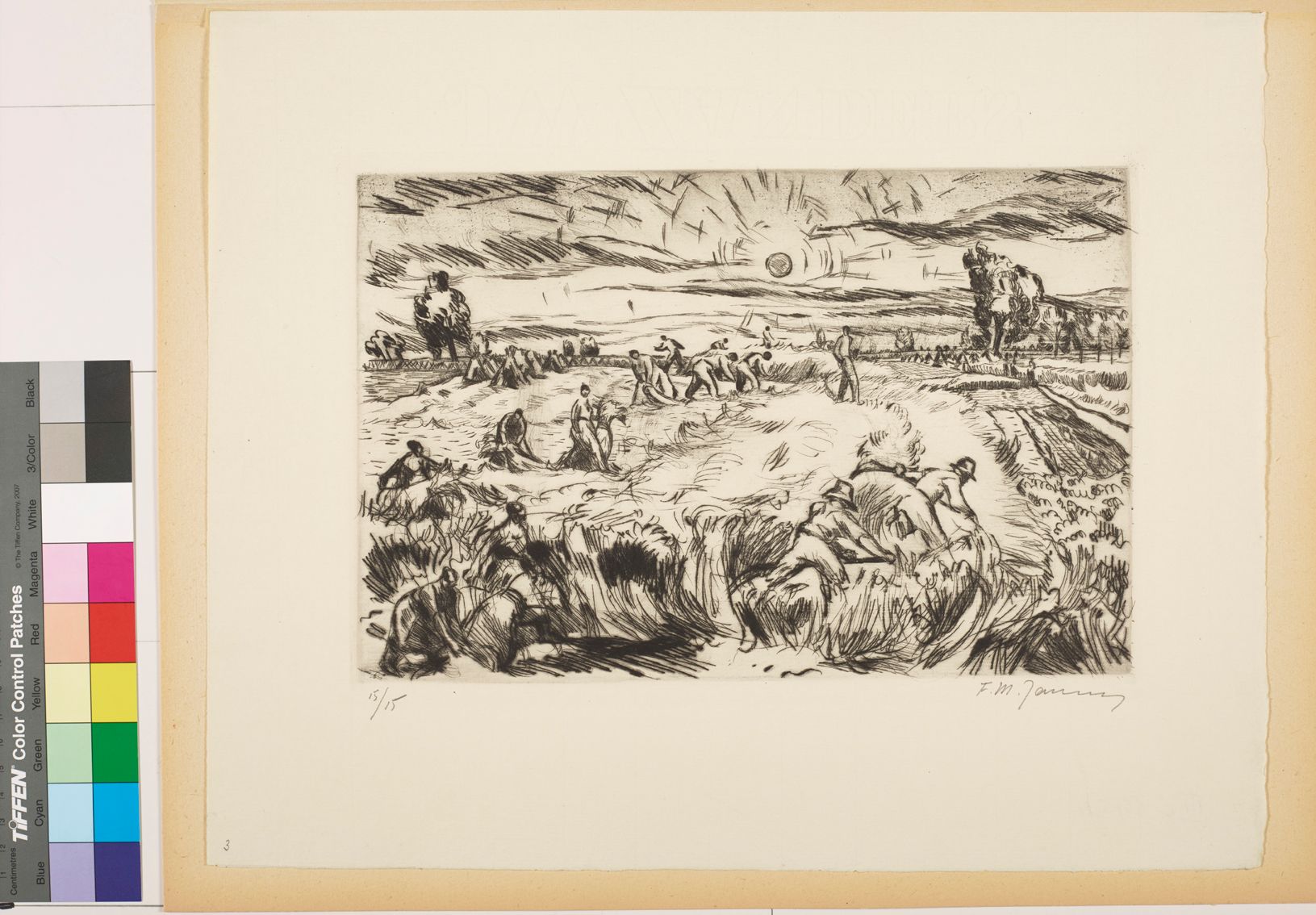 Zeichnung. Bauern und Bäuerinnen auf einem Weizenfeld mit der Sonne am Himmel.