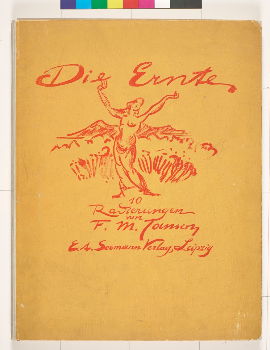 Mappen Cover. Gelber Untergrund mit orangener Schrift. Frau mit ausgestreckten Armen vor einer Landschaft.