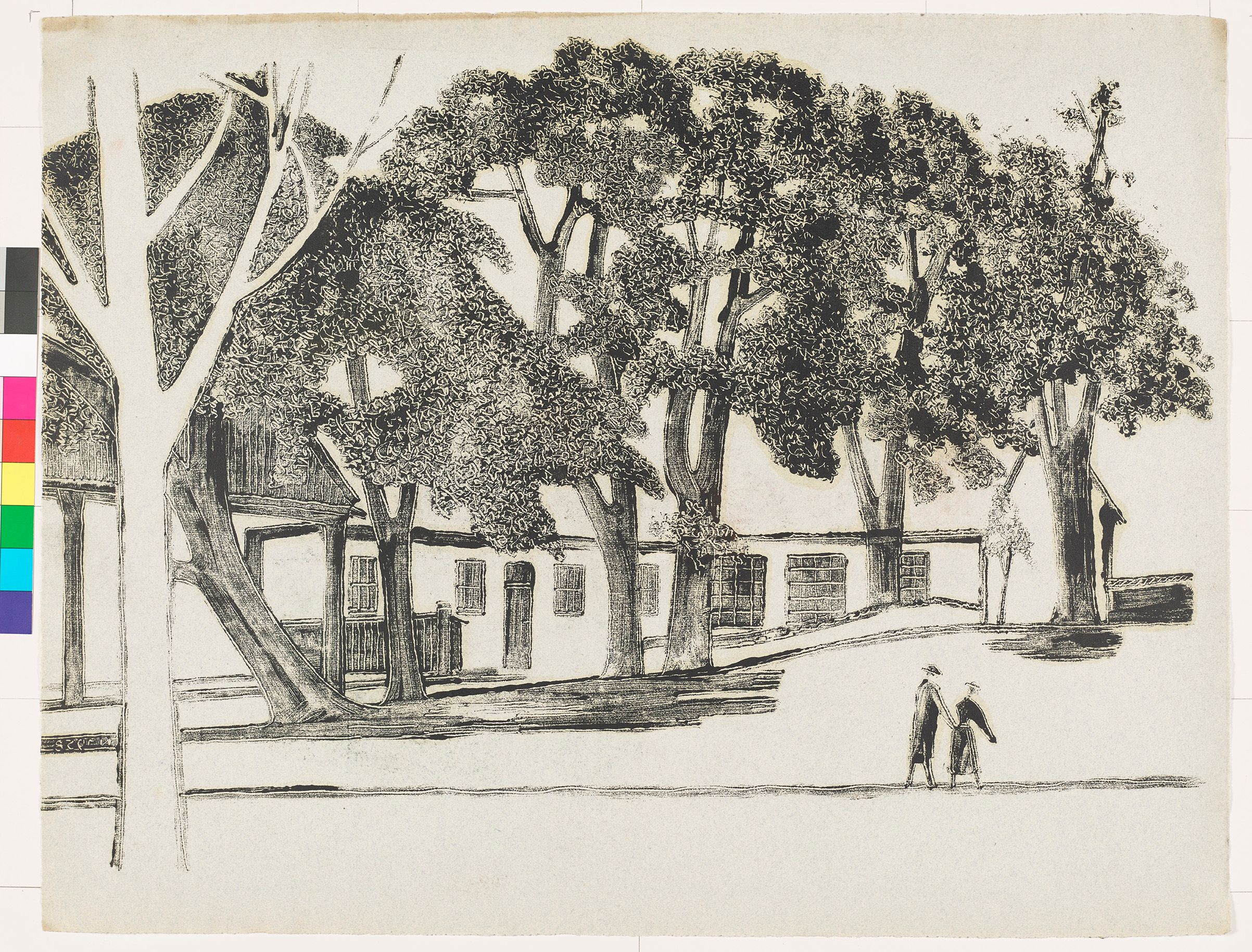 Monotypie. Bauernhaus mit Bäumen im Vordergrund. Von dem Haus weg führt ein kleiner Weg auf dem zwei Personen laufen.