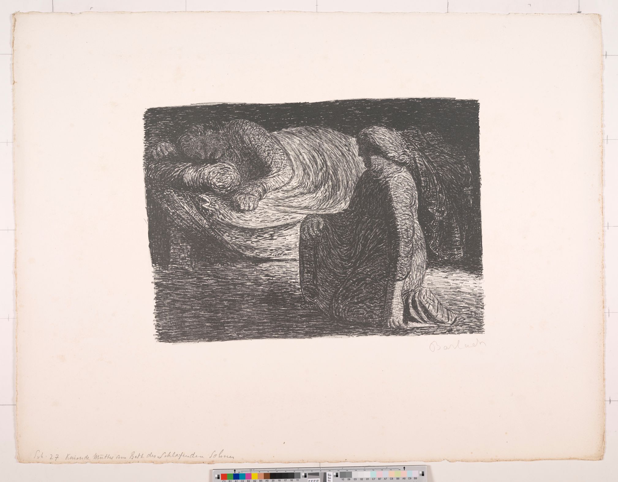 Zeichnung. Knieende Mutter am Bett des schlafenden Sohnes.