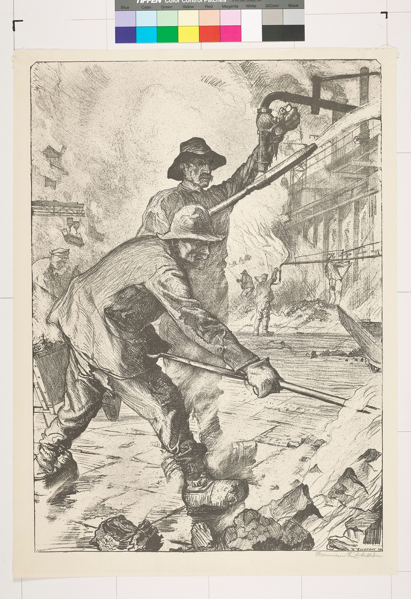 Zwei Männer bei der Arbeit auf dem Industriegelände (Schwarz-Weiß).