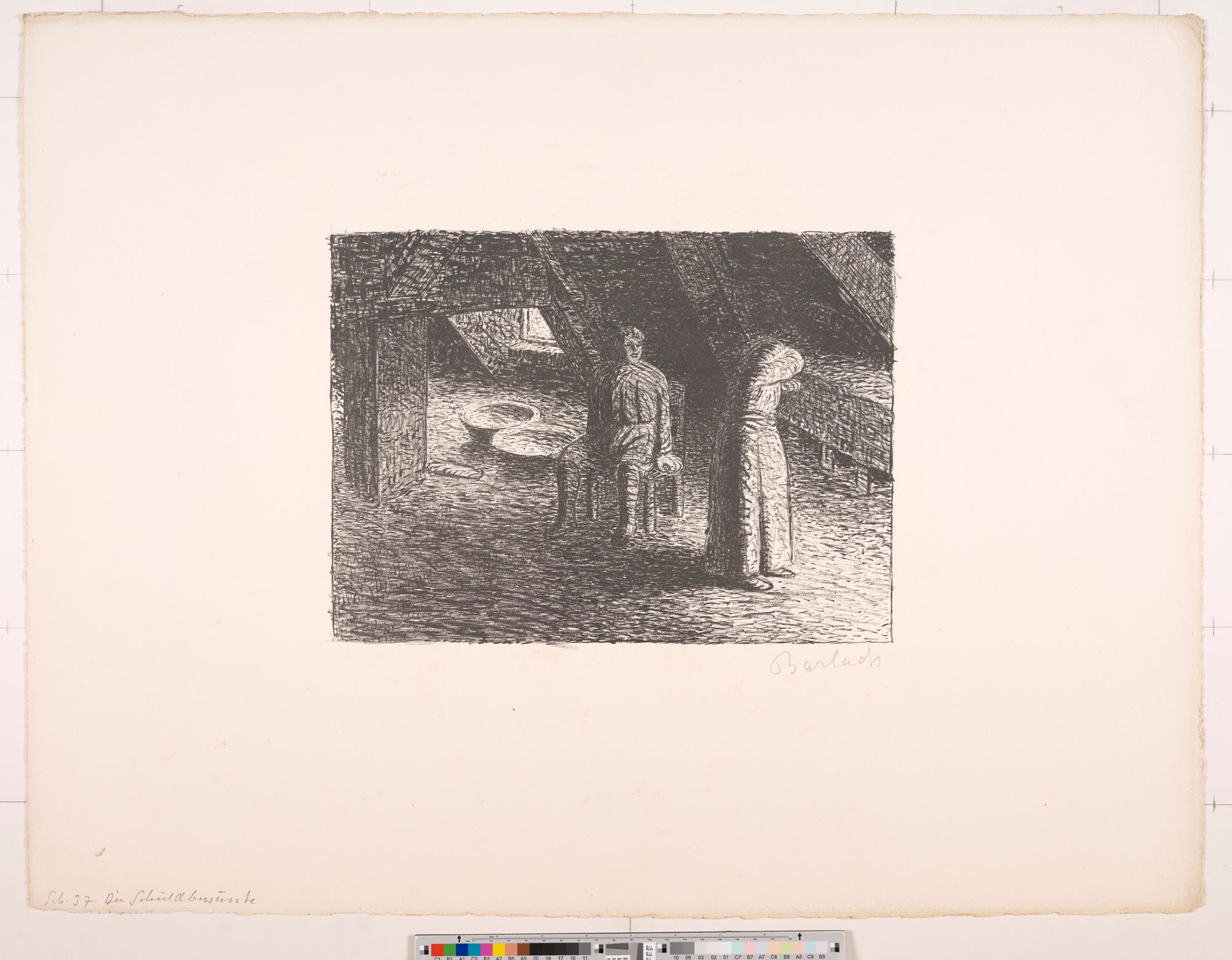 Zeichnung. Ein sitzender Mann und eine stehende Frau in einem Dachgeschoss. Die Frau weint. 