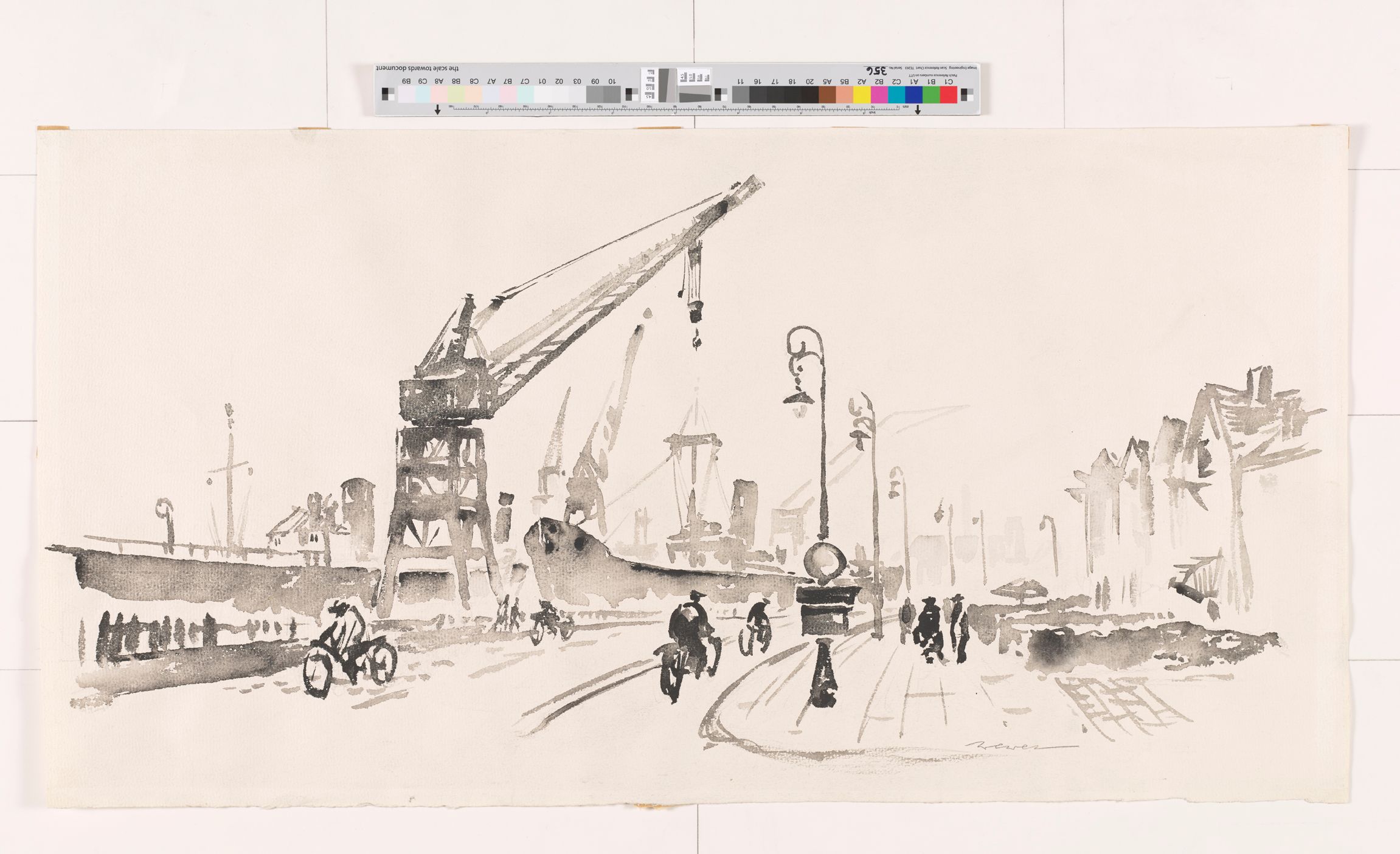 Skizze des Hafens in Amsterdam. Im Vordergrund sieht man mehrere Personen. Am rechten Bildrand sind Häuserfassaden zu erkennen. Am linken Bildrand sind Schiffe und Kräne zu sehen.  