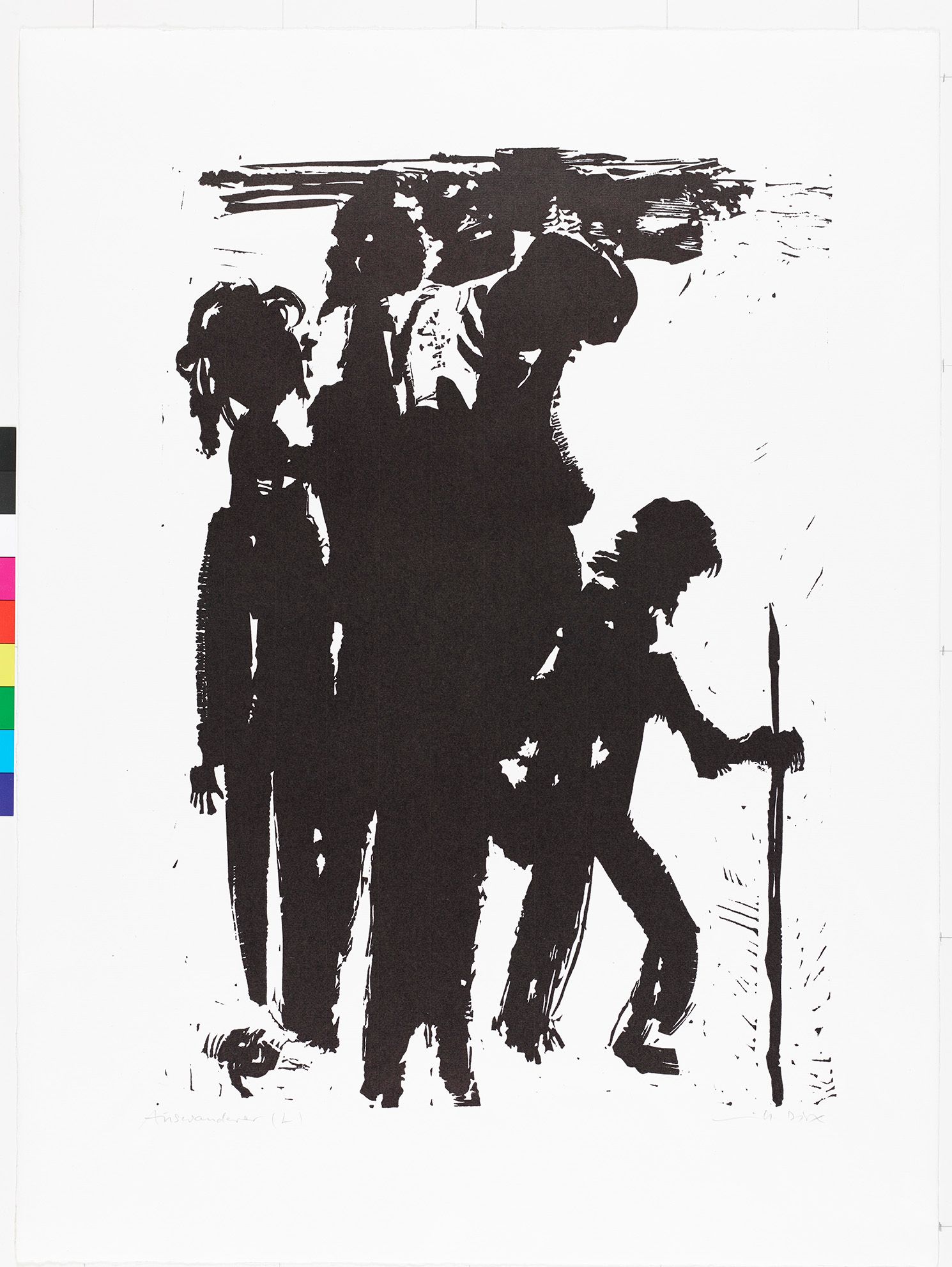 Abstraktes Bildmotiv. Schwarze Fläche auf weißem Untergrund. Unten sind getrennte Striche und oben sind vier runde Flächen. Rechts steht eine Figur raus.