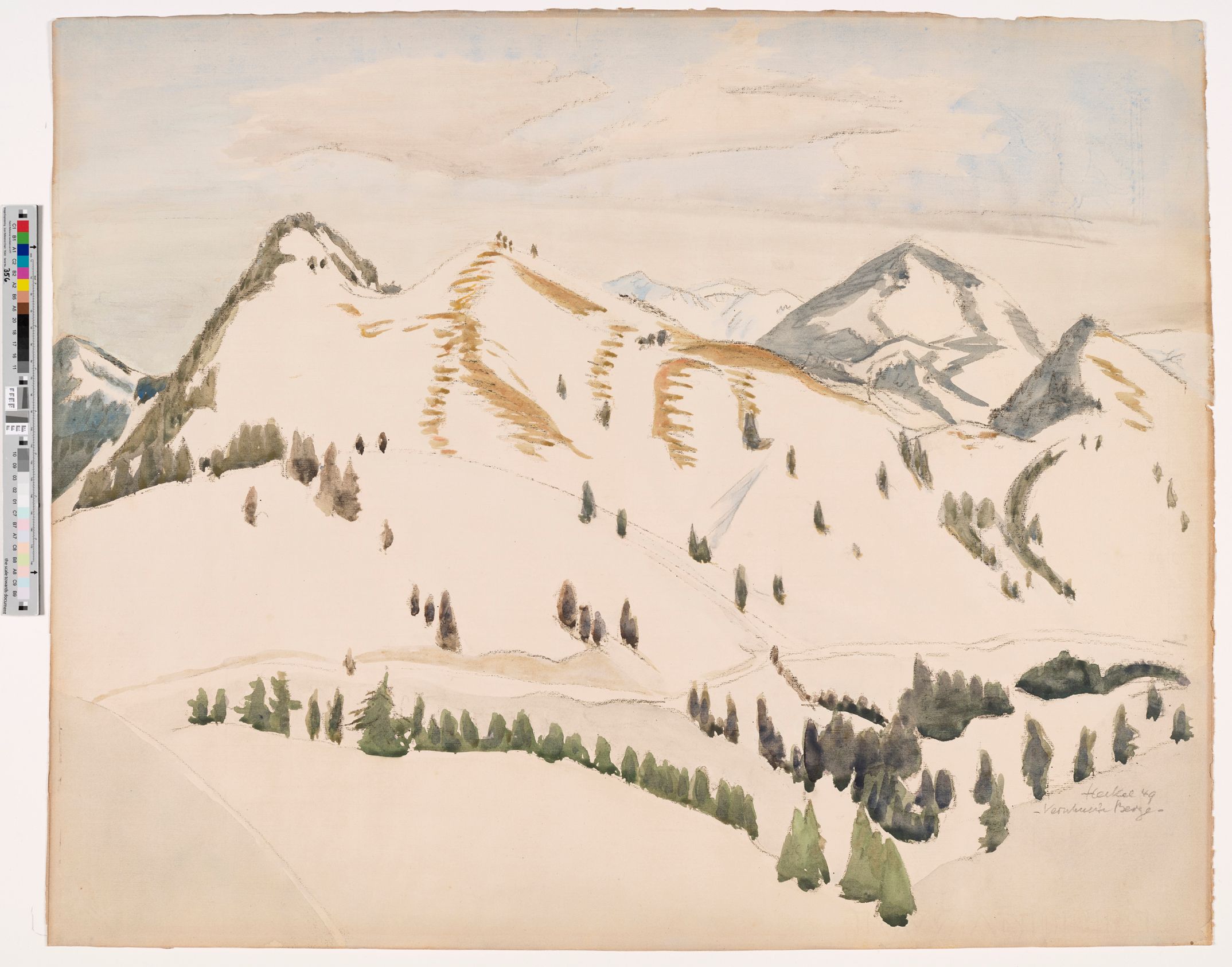 Minimalistische Darstellung einer Gebirgslandschaft. Berge bedeckt mit Schnee und verteilte Waldgebiete.  