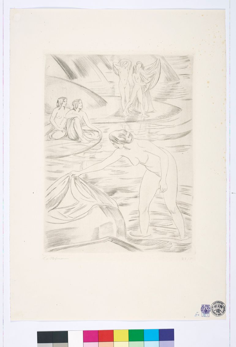 Zeichnung. Nackte Frauen im Wasser.