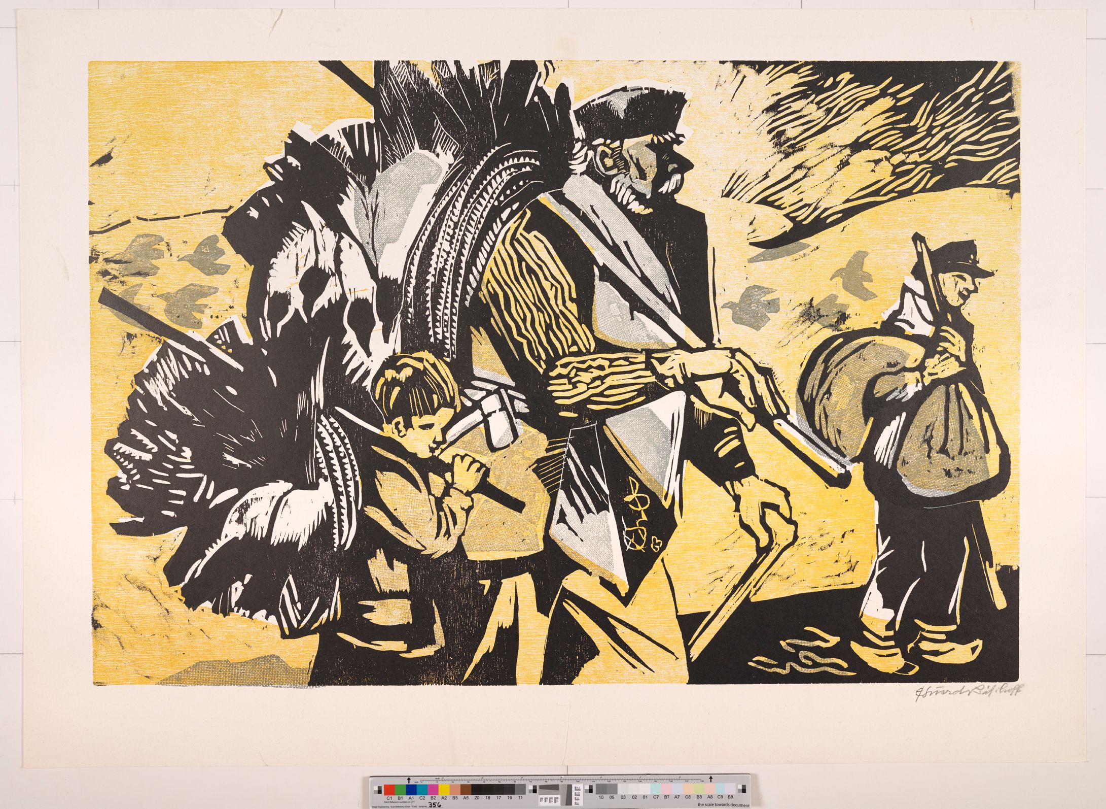 Abstraktes Bildmotiv von zwei Bauern und einem Kind mit Säcken auf dem Rücken.