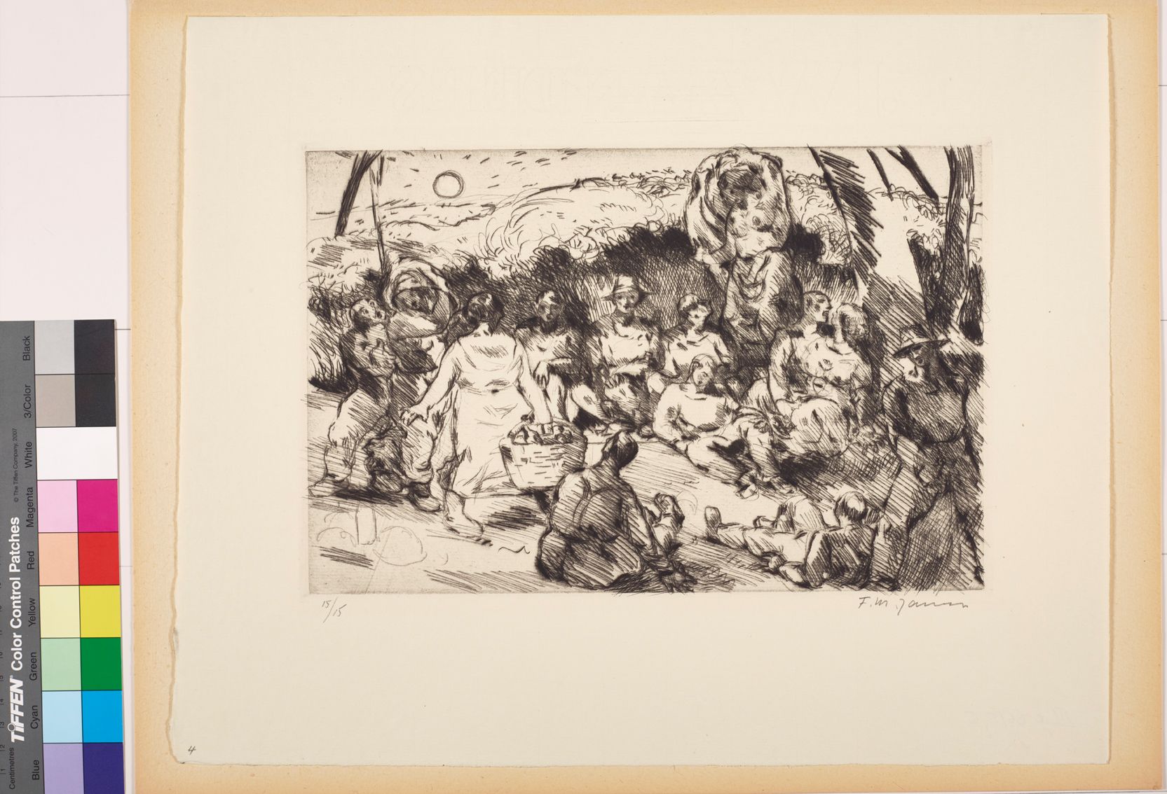 Zeichnung. Weizenfeld mit sitzenden Frauen und Männern.