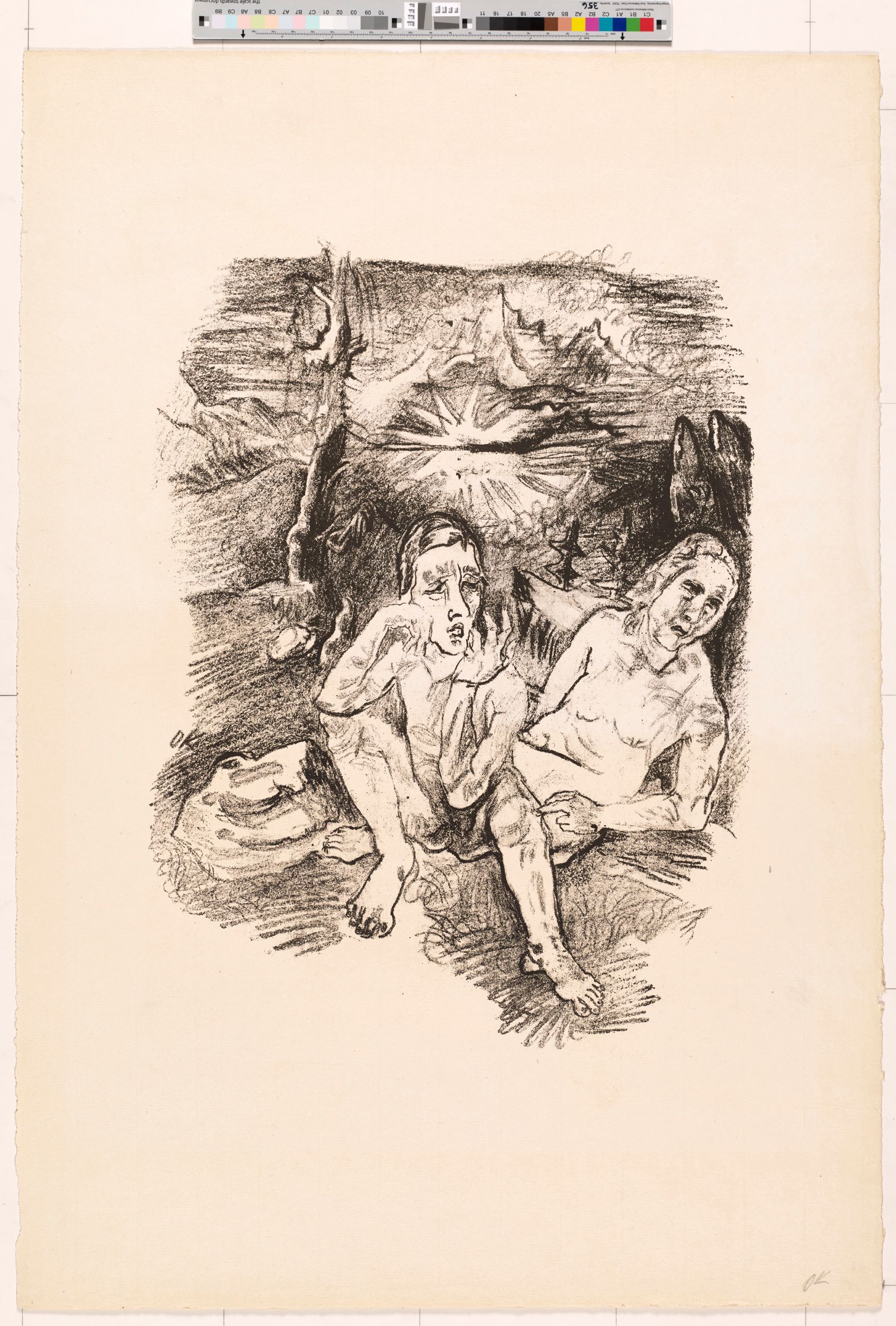 Zeichnung. Zwei nackt sitzende Personen auf einer Landschaft (Schwarz-Weiß).