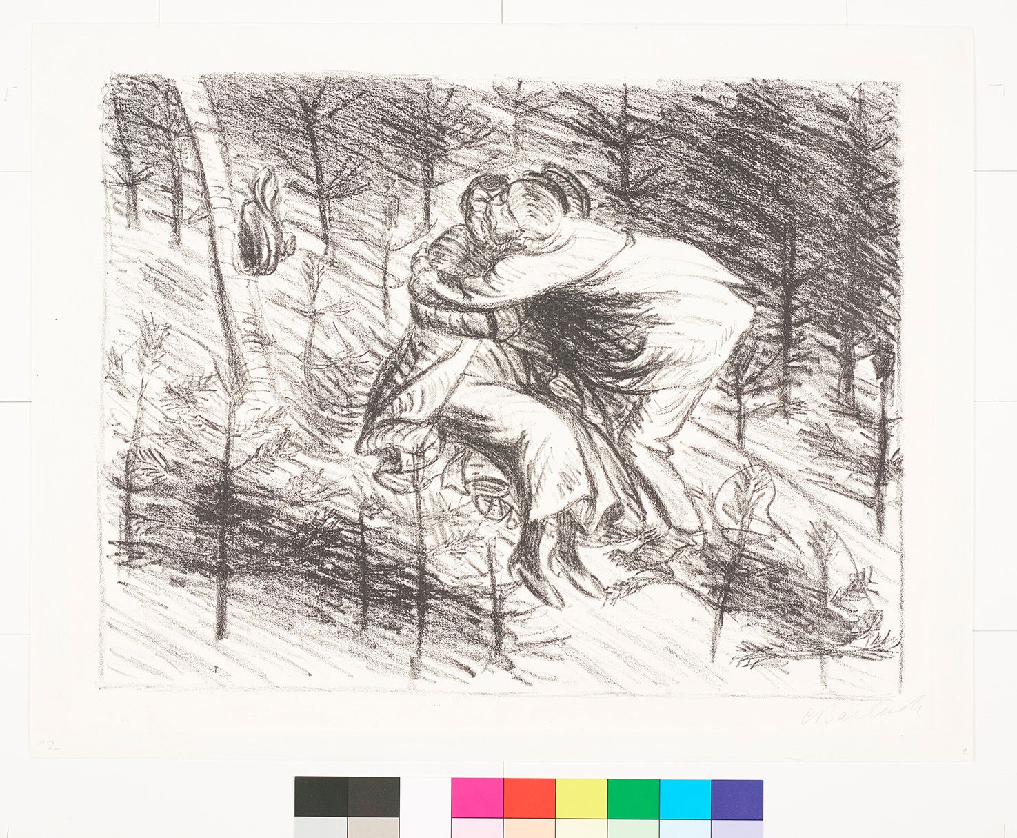 Zeichnung. Zwei umarmende Personen auf einem Feld.