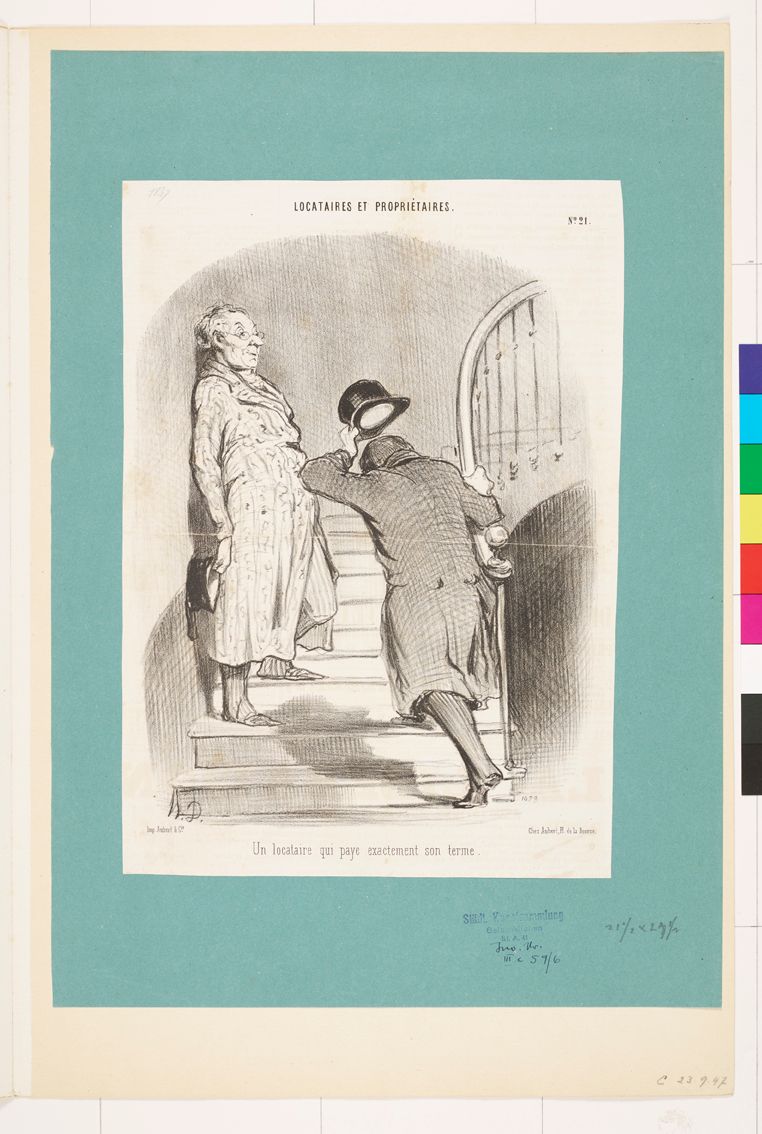 Zeichnung. Zwei Männer auf der Treppe.