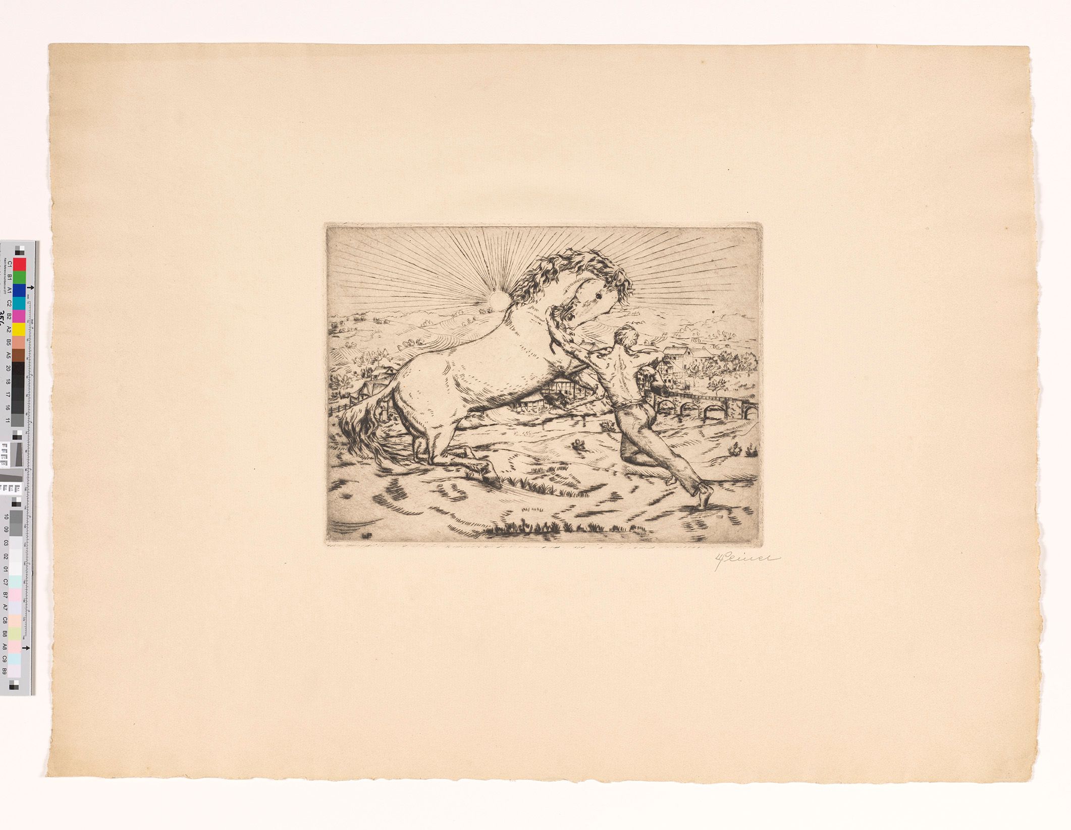 Ein Mann mit nacktem Oberkörper versucht ein großes, sich aufbäumendes Pferd zu bändigen. Im Hintergrund ist ein Dorf mit einem Aquädukt zu sehen. Am Himmel sendet die Sonne starke Strahlen in alle Richtungen aus.