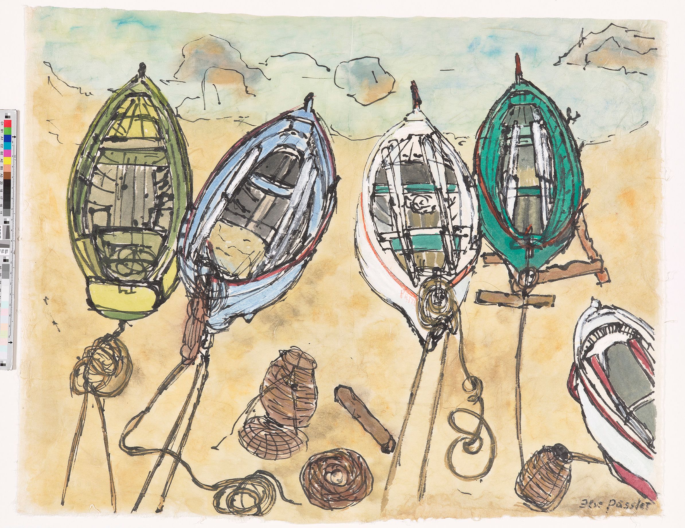 Aquarell Zeichnung von fünf Fischerbooten an Land. Boote sind bunt und liegen auf Sand. Im Hintergrund ist Wasser zu sehen.  