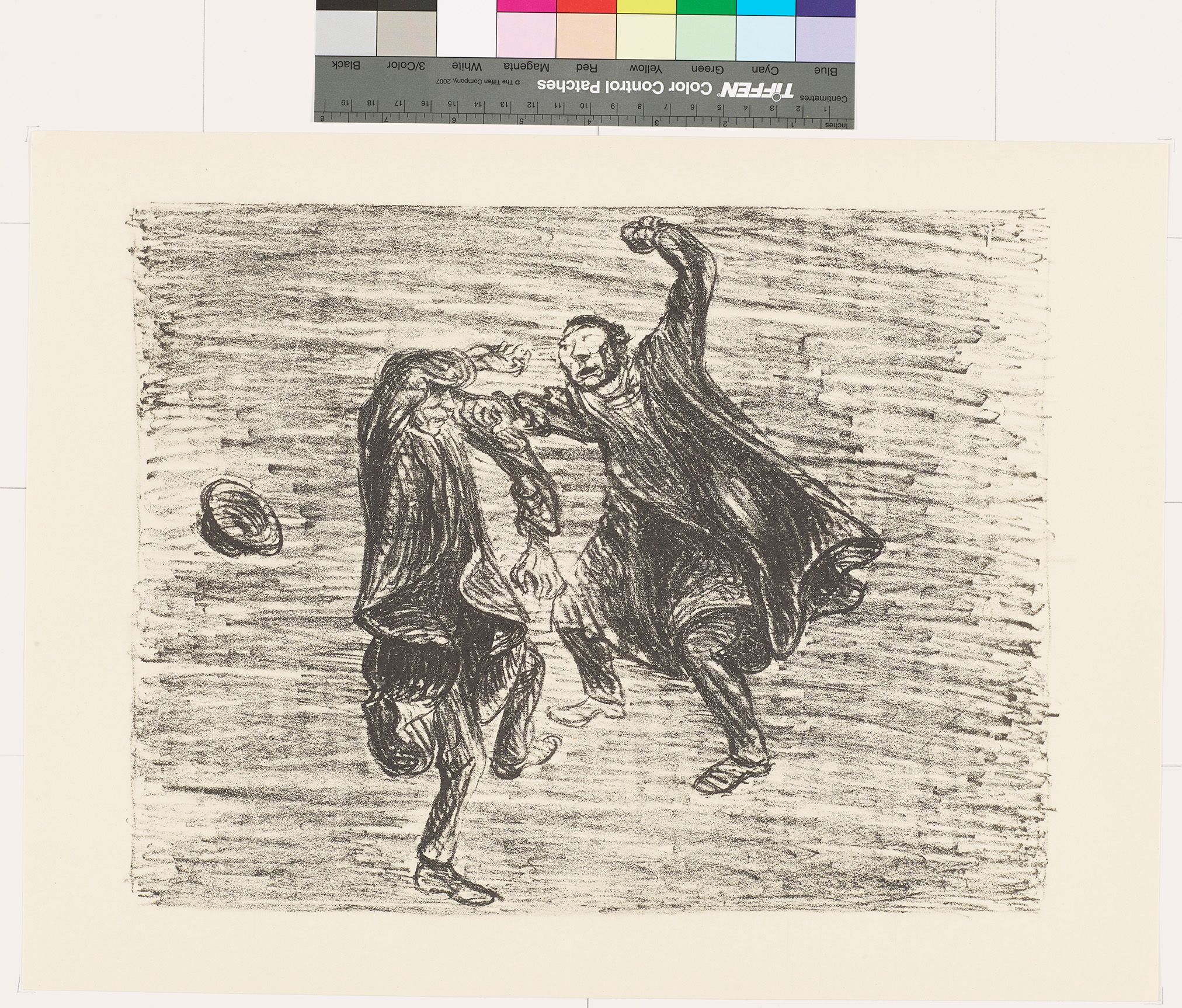 Skizze. Zwei kämpfende Männer mit Fäusten in der Luft.