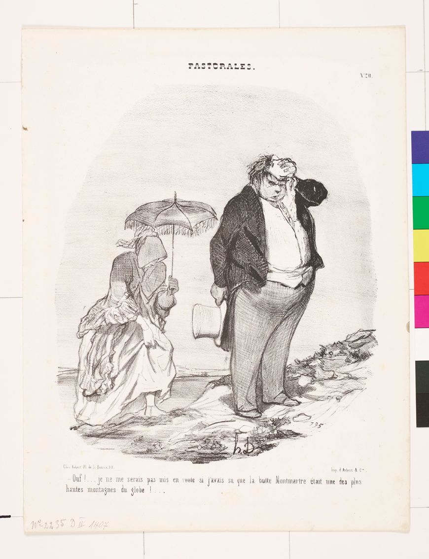 Zeichnung. Eine feine Dame und ein dicker Mann im Anzug laufen einen Hügel hoch. Der Mann wischt sich seinen Schweiß weg.