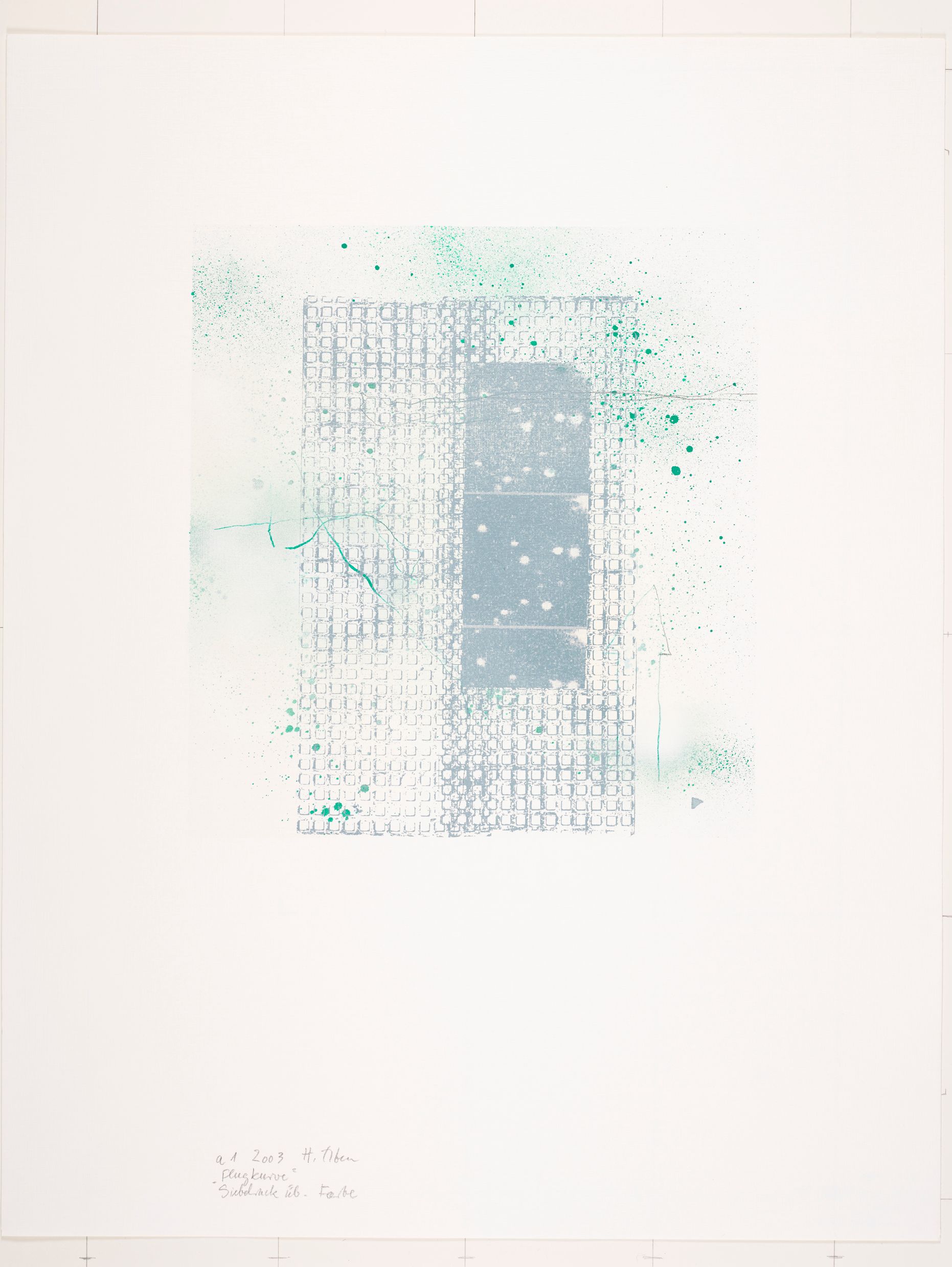 Abstraktes Bildmotiv. Kleine Quadrate bilden ein großes Rechteck. Mittendrin sind größere, graue Vierecke.