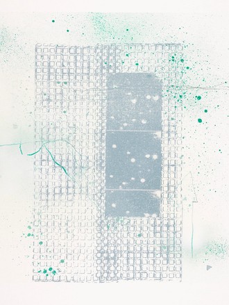 Abstraktes Bildmotiv. Kleine Quadrate bilden ein großes Rechteck. Mittendrin sind größere, graue Vierecke.