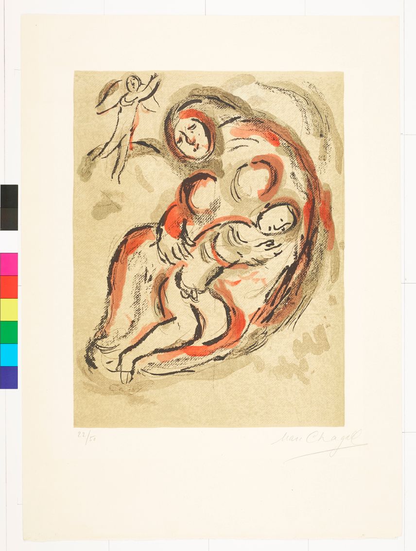 Abstraktes Bildmotiv. Zwei Personen liegen auf dem Schoß von einer anderen Person. Im Hintergrund ist eine Figur mit Flügeln.